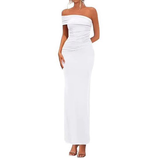 Damen Elegantes Maxi-Kleid mit schulterfreiem Design und raffinierten Drapierungen EB
