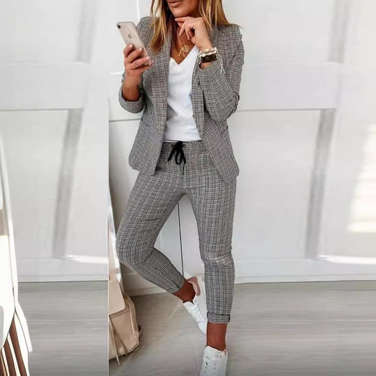 Damen nan lässig-elegantes Karozweiteiler Blazer mit Tunnelzug-Slimhose EB