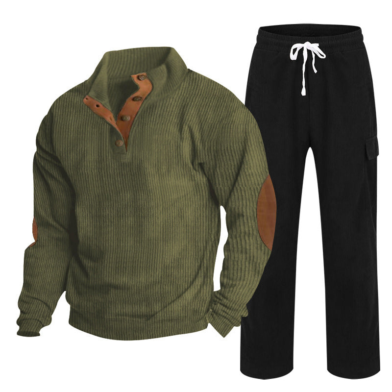 Herren nan Strick-Freizeitset mit Knopfleiste und Ellenbogenaufnähern sowie Cord-Cargohose EB