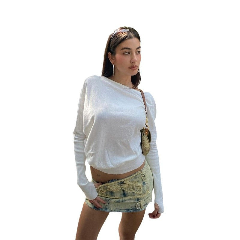 Damen nan asymmetrisches leichtes Langarm-Croppedshirt mit Ein-Schulter-Detail und stretchigem Baumwollmix EB