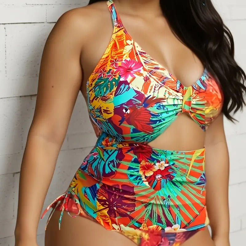 Damen Einteiliger Badeanzug mit exotischem Schnitt und buntem Tropen-Design EB