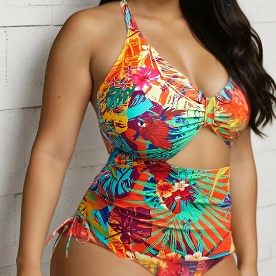 Damen Einteiliger Badeanzug mit exotischem Schnitt und buntem Tropen-Design EB