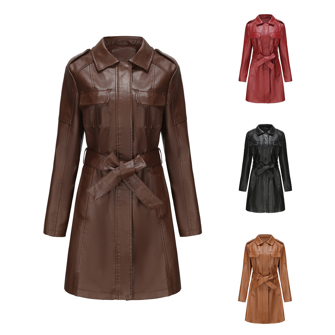 Damen modischer Trenchcoat aus hochwertigem Kunstleder EB
