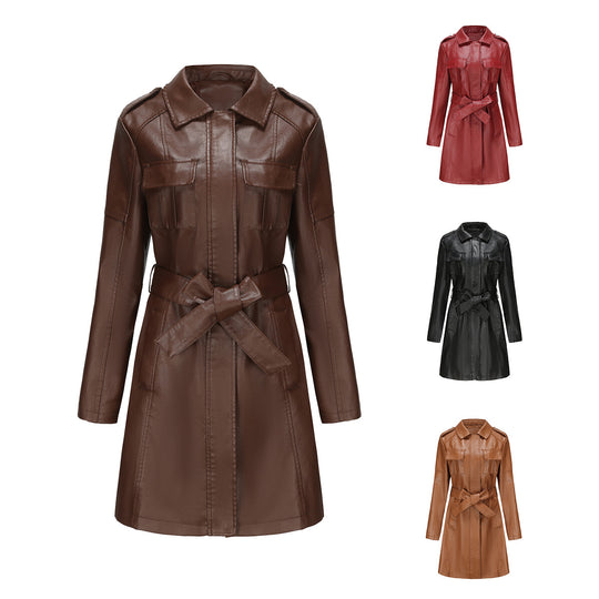 Damen nan langer Kunstleder-Trenchcoat mit Taillengürtel und Schulterriegeln EB