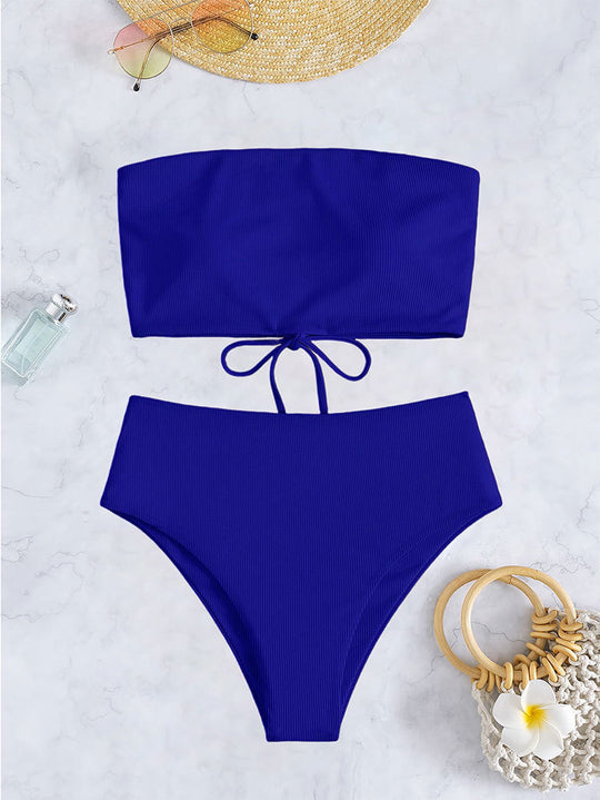 Damen Bandeau-Bikini mit hohem Bund und Rippdesign EB