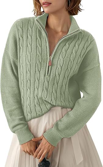 Damen Grobstrick Pullover mit Stehkragen und halbem Reißverschluss EB
