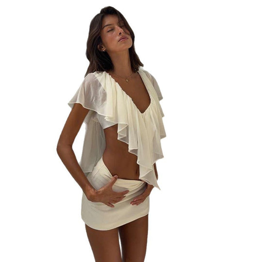 Damen elegante Bluse mit voluminösen Rüschendetails und schickem Rückenausschnitt EB