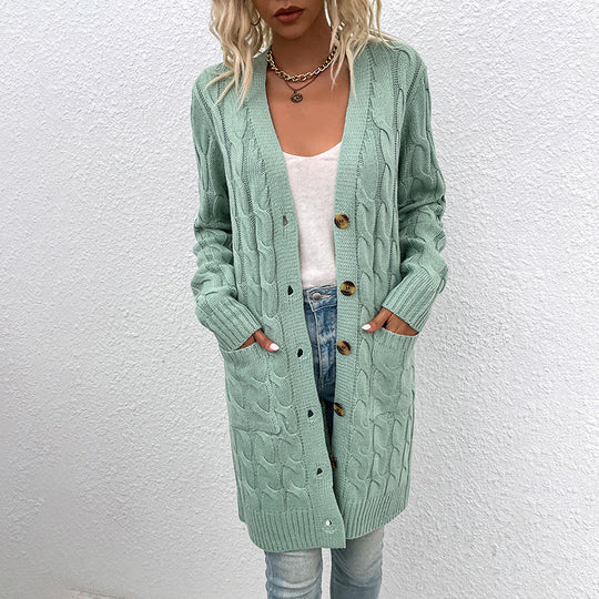 Damen Strickjacke mit tiefem V-Ausschnitt und elegantem Zopfmuster EB