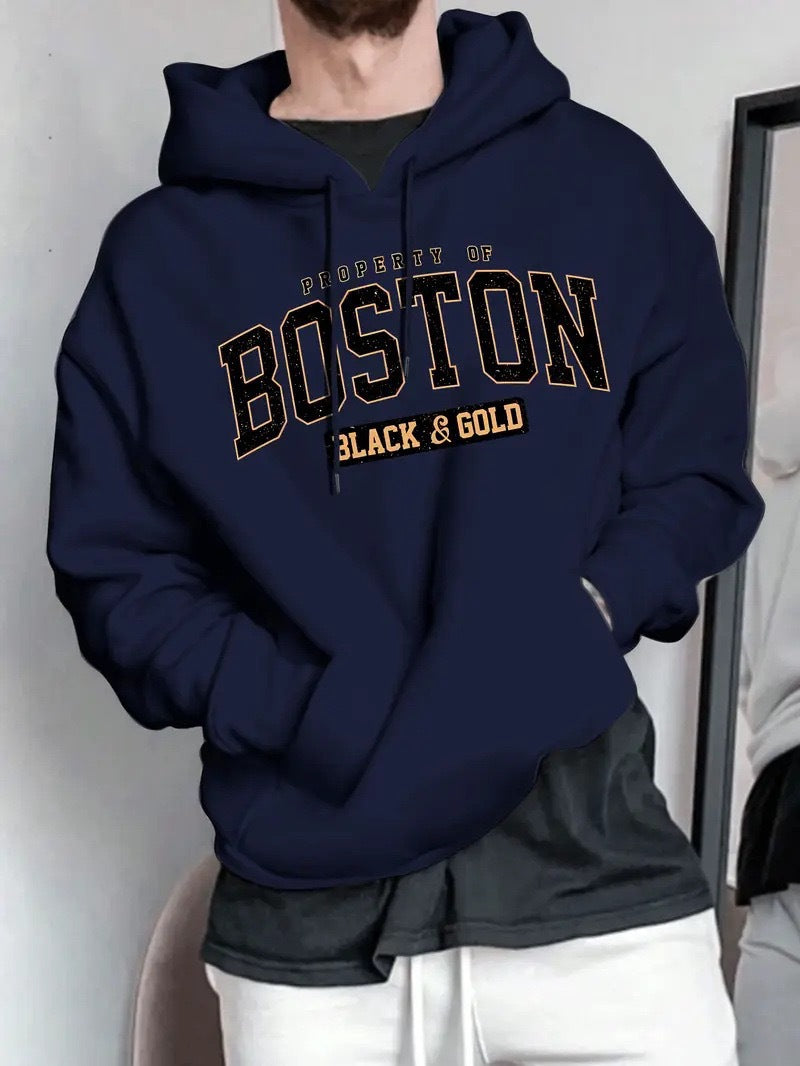 Herren Kapuzensweater mit auffälligem Boston-Print und weicher Innenseite EB