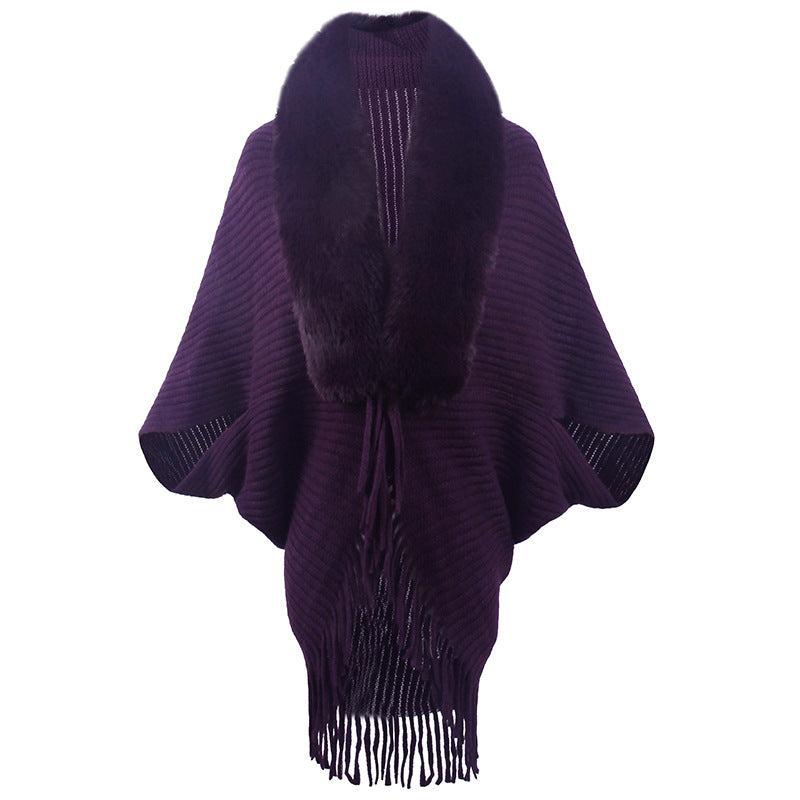 Damen luxuriöser Strickponcho mit elegantem Kunstfellkragen und Fransen EB