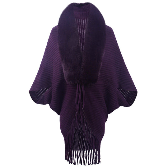Damen luxuriöser Strickponcho mit elegantem Kunstfellkragen und Fransen EB