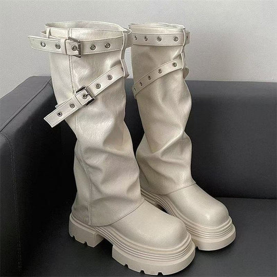 Damen Plateau-Stiefel mit modischem Schnallenverschluss und eleganter Faltenoptik EB