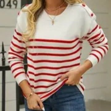 Damen gestrickter Pullover mit Streifenmuster und Knopfdetails EB