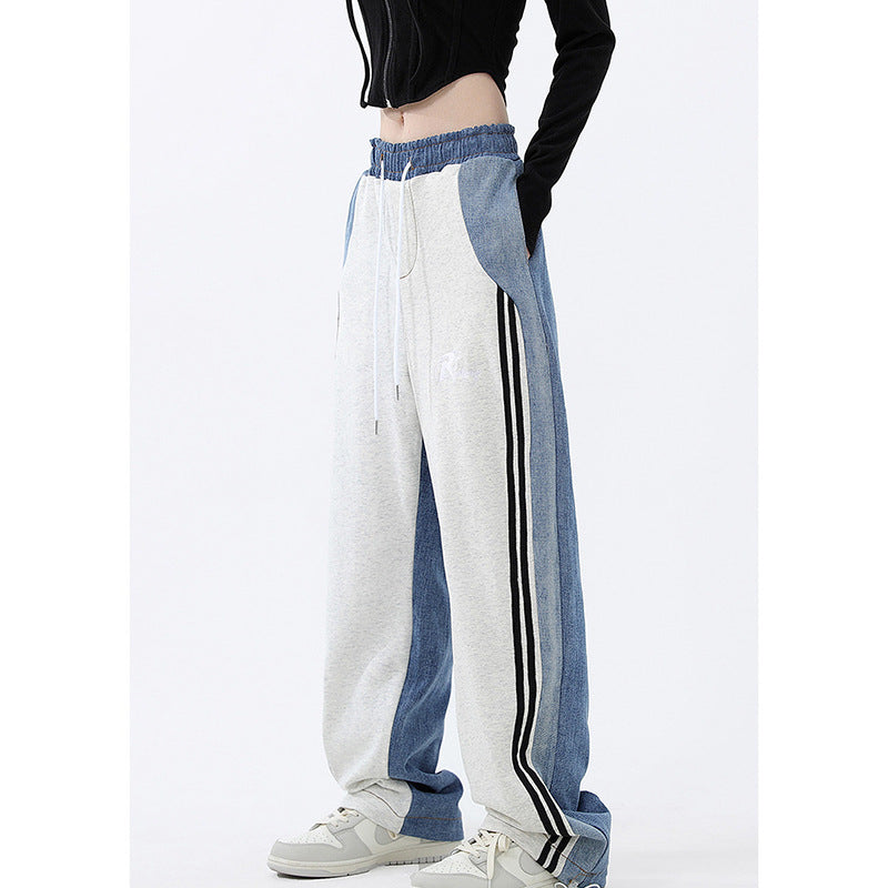 Damen nan weite Jogginghose mit Denim-Einsätzen, elastischem Bund und seitlichen Kontraststreifen EB
