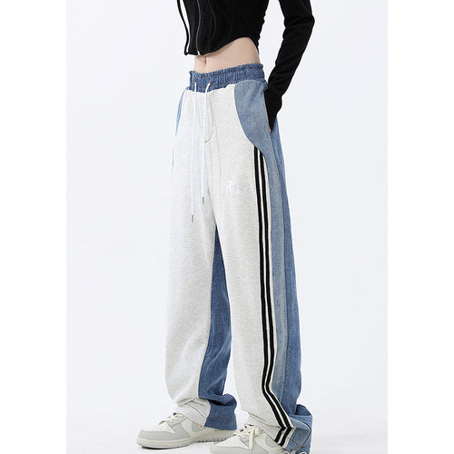Damen nan weite Jogginghose mit Denim-Einsätzen, elastischem Bund und seitlichen Kontraststreifen EB