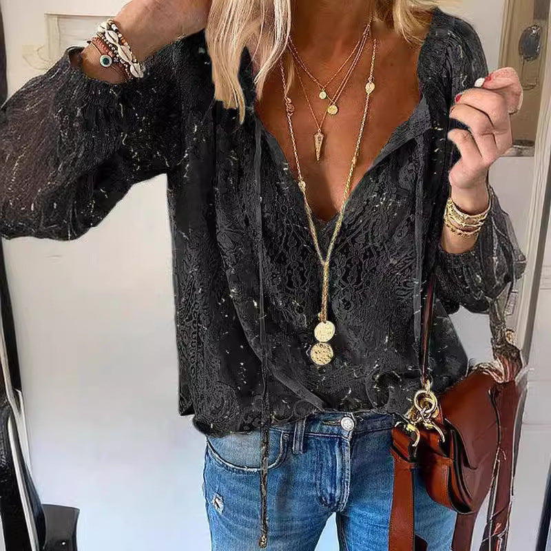 Damen Elegante und feminine Bluse mit V-Ausschnitt und Spitzenakzenten EB