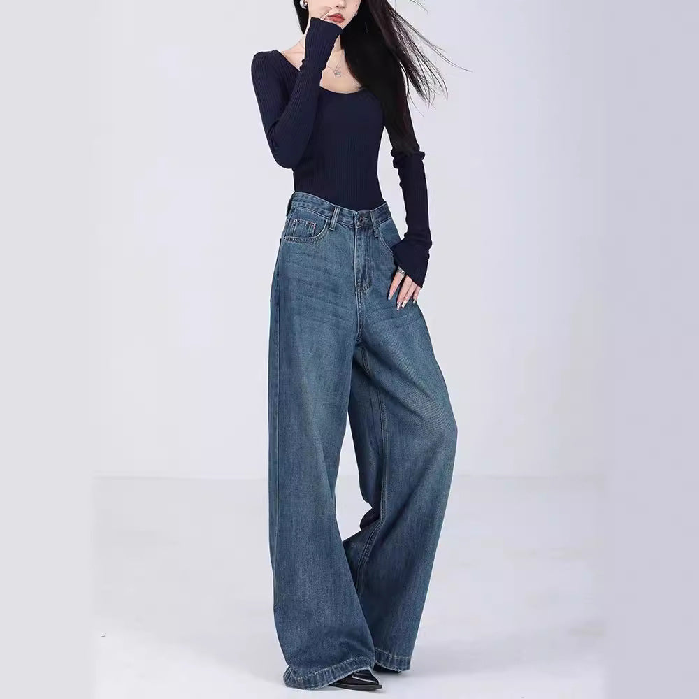 Damen Weite High-Waist Jeans mit tiefem Schritt und elegantem Schnitt EB