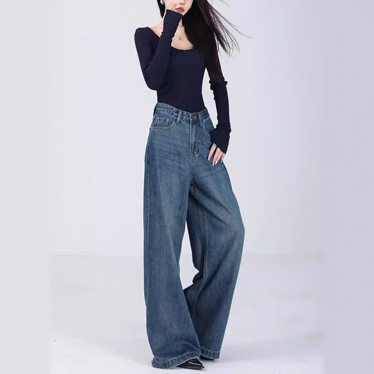 Damen Weite High-Waist Jeans mit tiefem Schritt und elegantem Schnitt EB