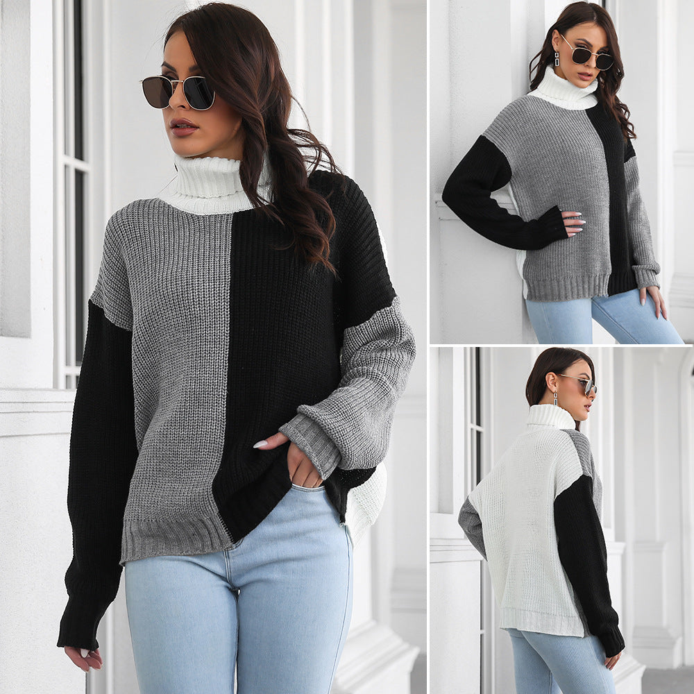 Damen Grobstrickpullover mit hohem Kragen und modernem Farbblock-Design EB