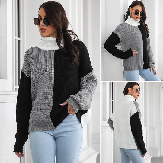 Damen Grobstrickpullover mit hohem Kragen und modernem Farbblock-Design EB