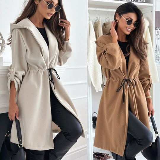 Damen lockerer Kapuzensweatcoat mit verstellbarem Taillenzug und eleganten Details EB