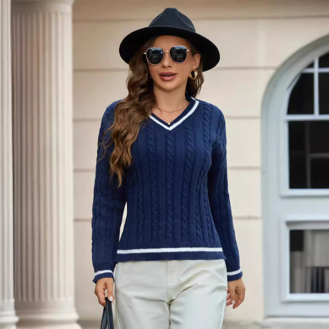 Damen Strickpullover mit V-Ausschnitt und klassischem Zopfdesign EB