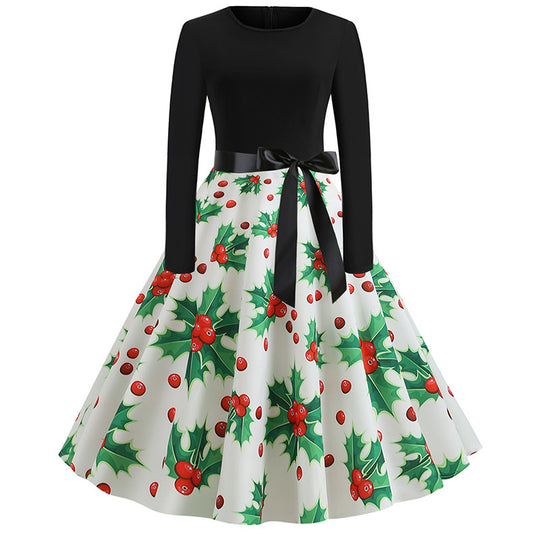 Damen Festliches A‑Linien Tellerrockkleid mit langem Arm, taillierter Passform und Stechpalmenprint EB