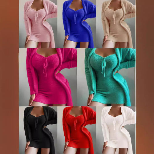 Damen nan luxuriöses Teddy-Fleece Lounge-Set mit Longcardigan, gerafftem Cropped-Bustier und Highwaist-Hose EB