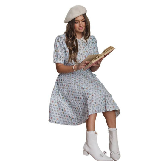 Damen Kleid mit geblümtem Design und klassischem Kragen EB