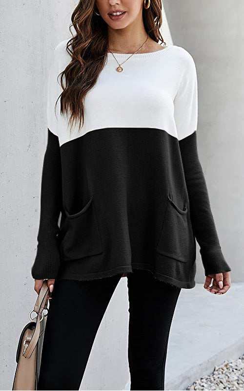 Damen Strickpullover mit großen Fronttaschen und kontrastiertem Design EB