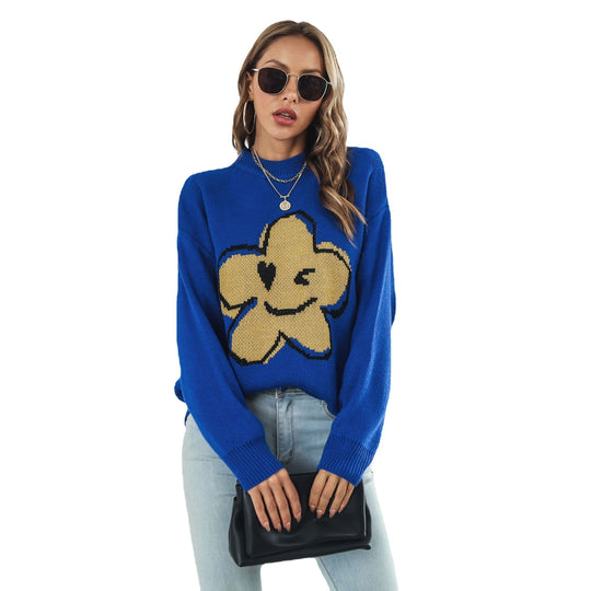 Damen Strickpullover mit verspieltem Blumenmotiv EB