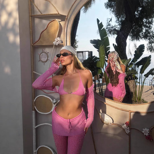 Damen Häkel-Bikini-Set mit langem Arm und passendem Rock EB