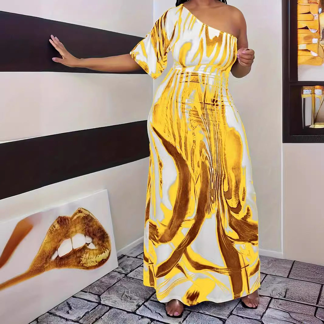 Damen Maxikleid mit asymmetrischem Ausschnitt und modernem Wellenmuster EB