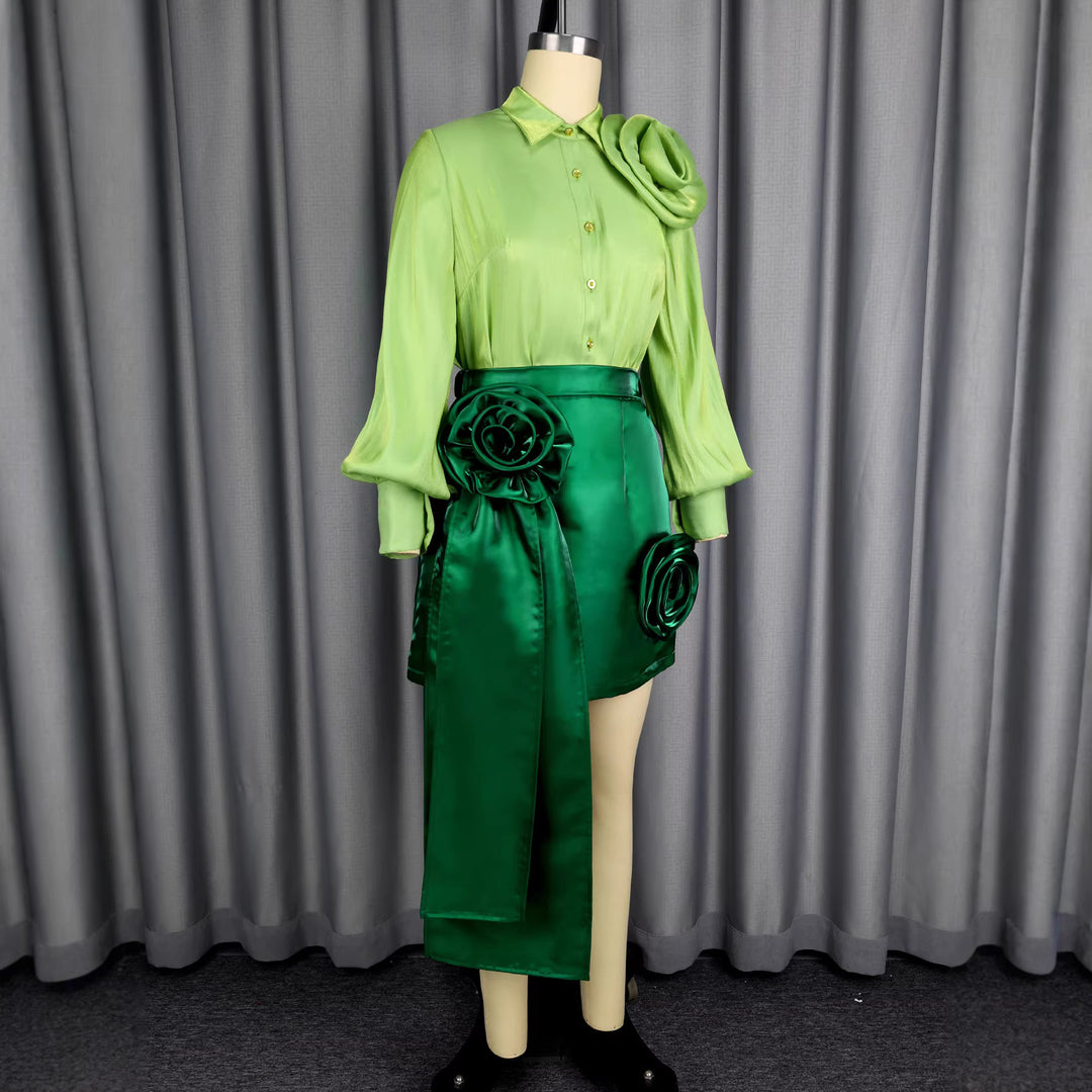 Damen Satinrock mit floralem Rüschen-Design und taillierter Schleife EB