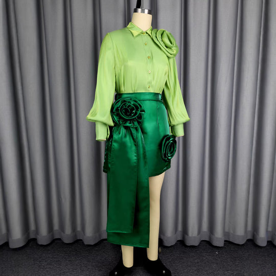 Damen Satinrock mit floralem Rüschen-Design und taillierter Schleife EB