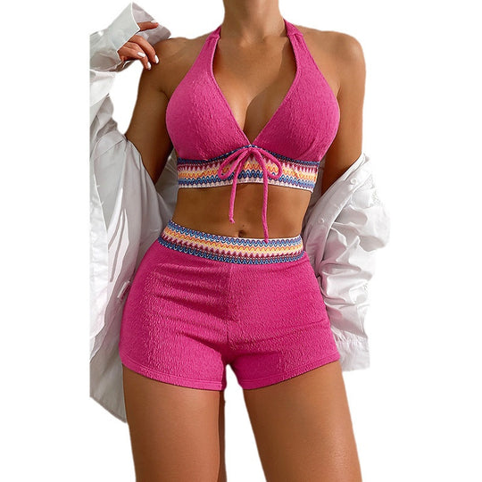 Damen Sportliches Bikini-Set mit Hohem Schnitt und Raffungen EB