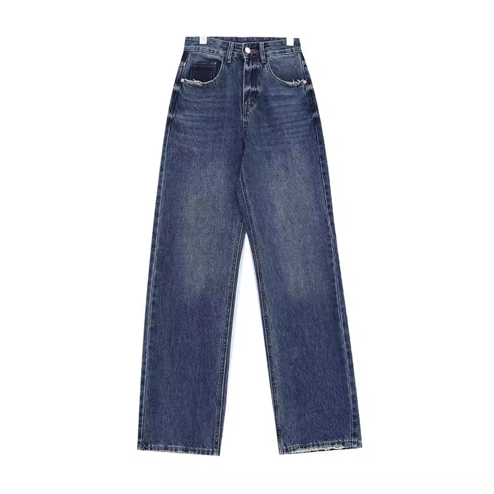Damen weit geschnittene Denim-Hose mit stilvollen Fransendetails EB