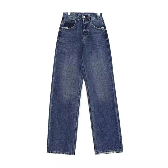 Damen weit geschnittene Denim-Hose mit stilvollen Fransendetails EB