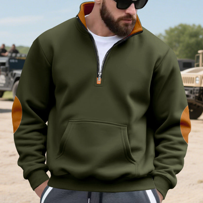 Herren nan isolierter Halbzip-Pullover mit Stehkragen Fleece-Innenfutter Kängurutasche und Wildleder-Ellenbogenpatches EB