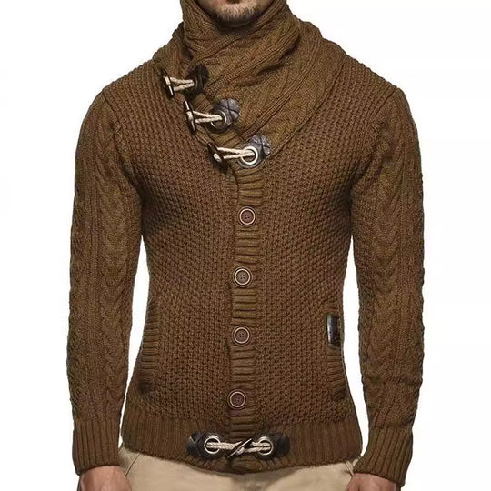 Herren gestrickter Cardigan mit hohem Kragen und modernen Holzknebel EB