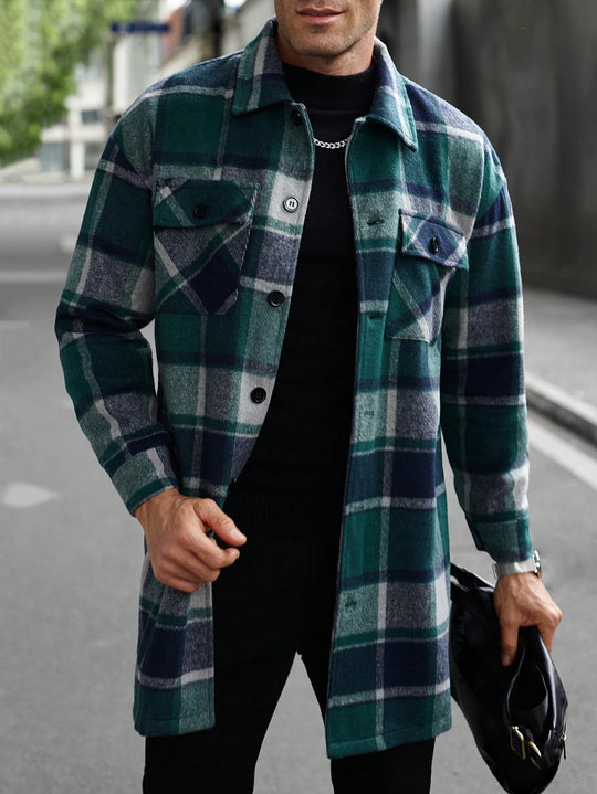Herren nan kariertes Longline-Überhemd mit aufgesetzten Brusttaschen und Knopfleiste EB