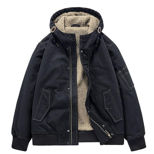 Herren Canvas-Kapuzenjacke mit Sherpa-Innenfutter, Utility-Taschen und Rippbündchen EB