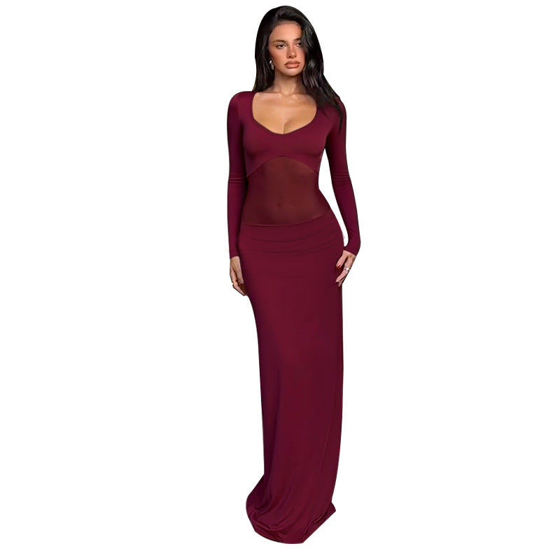 Damen Figurbetontes Maxikleid mit transparenten Mesh-Einsätzen und tailliertem Stretchrock EB