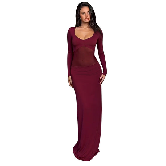 Damen Figurbetontes Maxikleid mit transparenten Mesh-Einsätzen und tailliertem Stretchrock EB