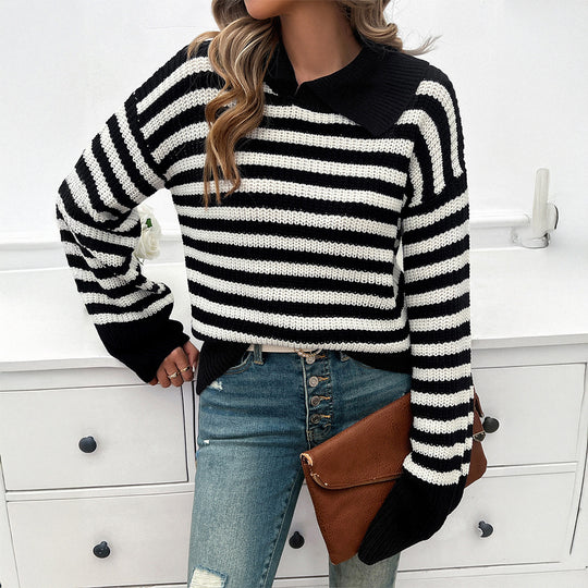 Damen nan gestreifter Polokragen-Strickpullover mit weitem Saum und ausgestellten Bündchen EB