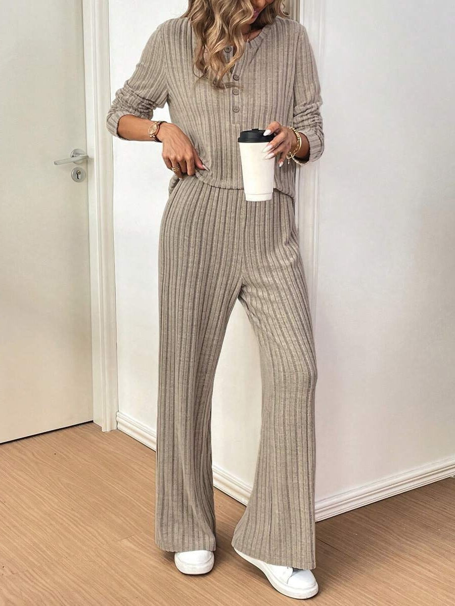Damen Lässiges Lounge-Set mit strukturiertem Rippenmuster und Knopfdetail EB