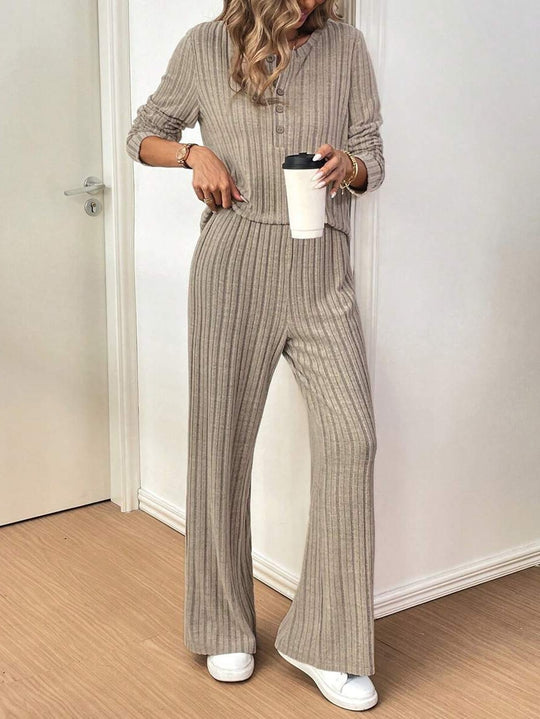 Damen Lässiges Lounge-Set mit strukturiertem Rippenmuster und Knopfdetail EB