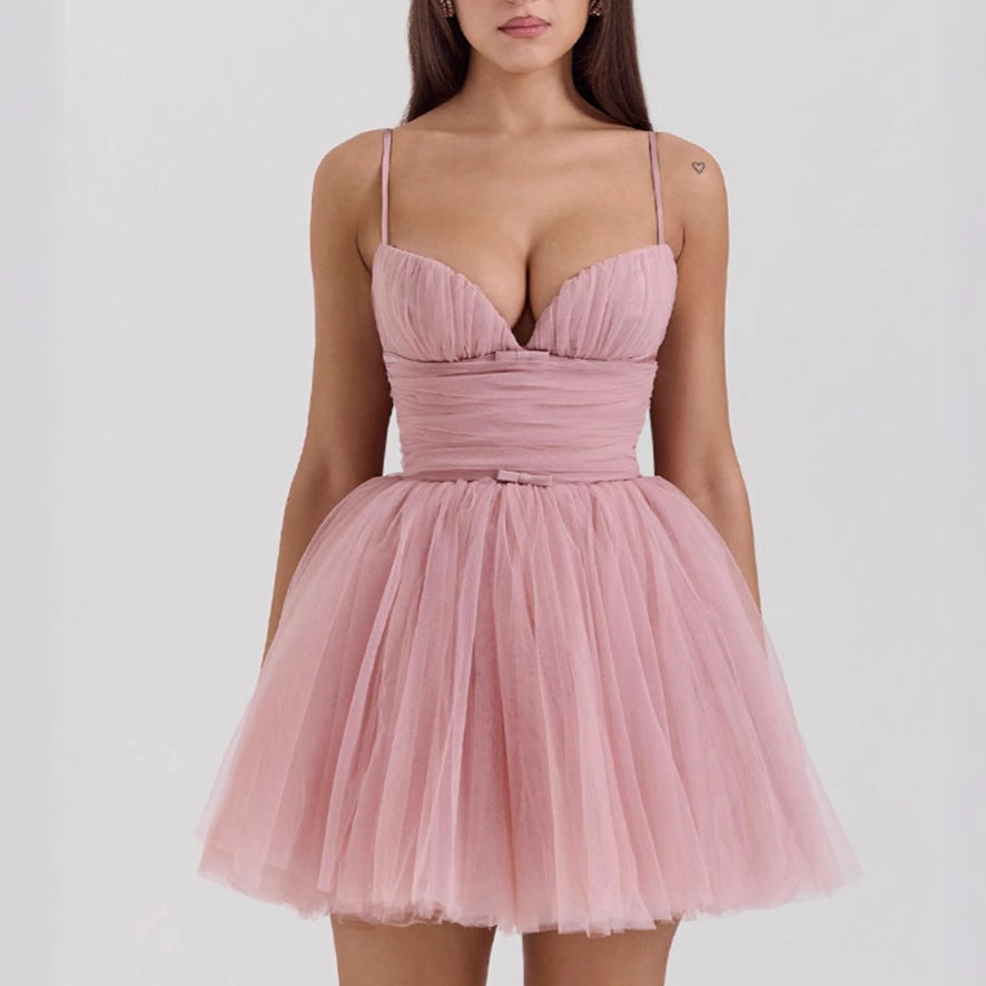 Damen Tüll Cocktailkleid mit tiefem V-Ausschnitt und luftigem Rock EB