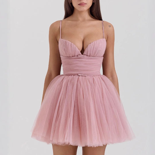 Damen Tüll Cocktailkleid mit tiefem V-Ausschnitt und luftigem Rock EB
