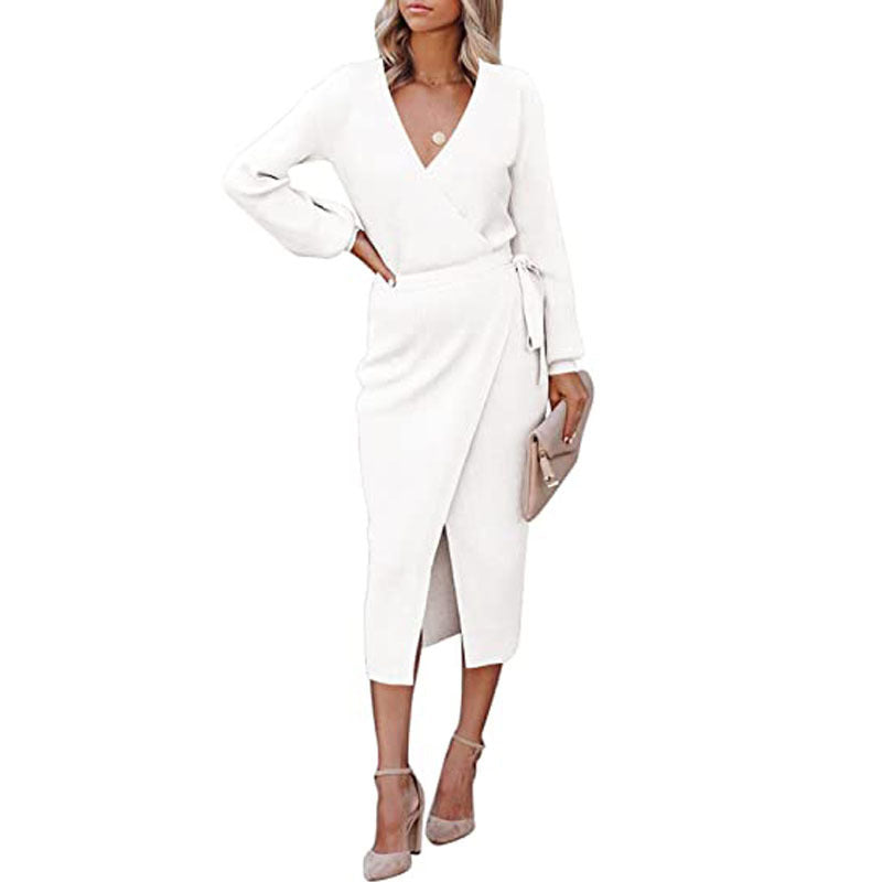 Damen Elegantes Wickelkleid mit tiefem V-Ausschnitt EB